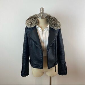 Topshop Faux Leather Moto Jacket with Removable Faux Fur Collar